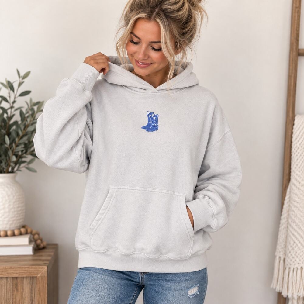 Hollister Women’s Small White Hoodie Blue Cowboy Boots Western Sweatshirt